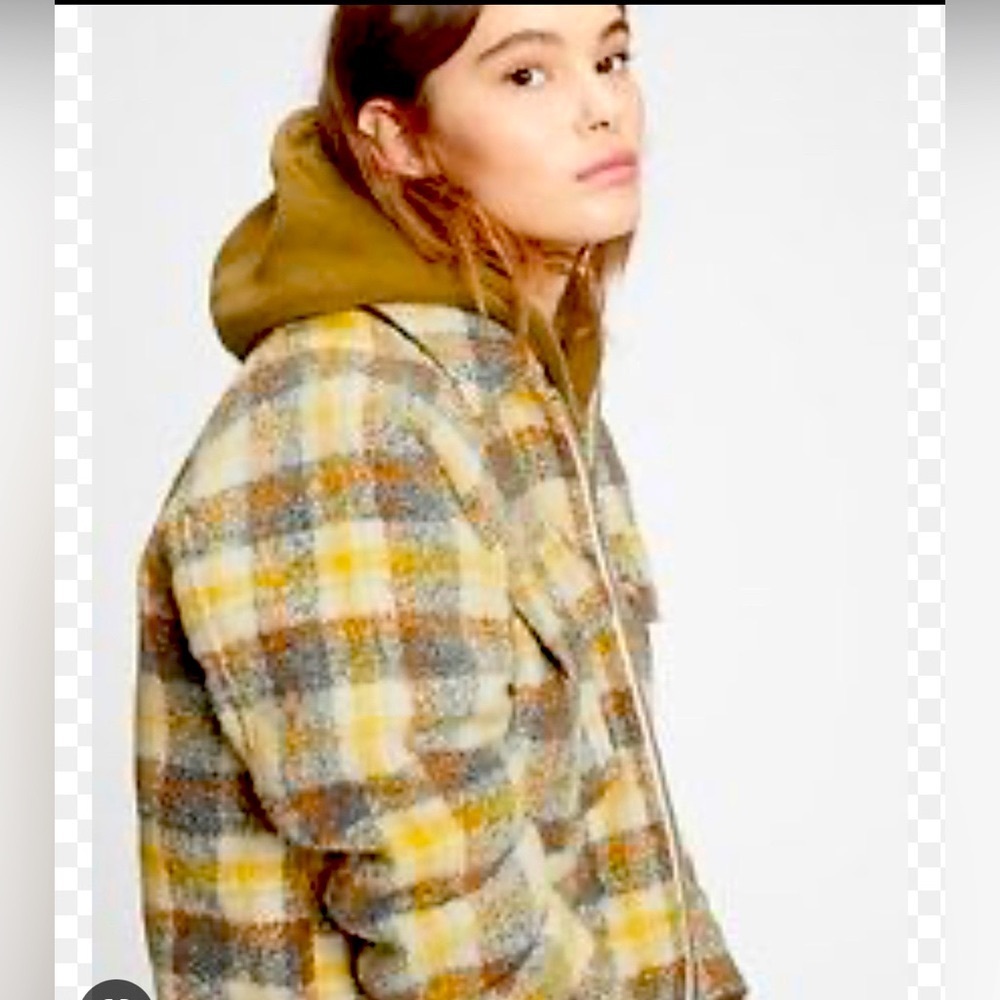 GAP plaid yellow/grey cropped wool zip shirt jacket sz M tall